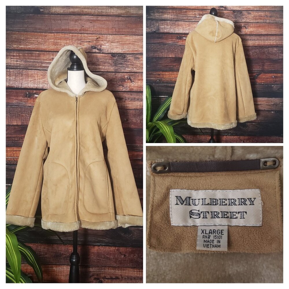 Mulberry Street XL Vintage Hooded Coat Faux Suede Faux Fur Lined Zip Camel Tan